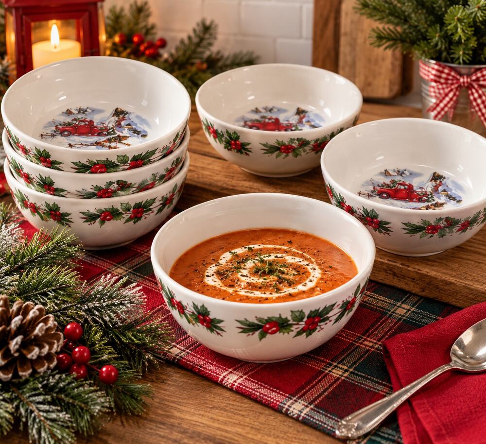Christmas Red Truck Stoneware Bowls Holly Winter Farmhouse Holiday Dishes Set 6